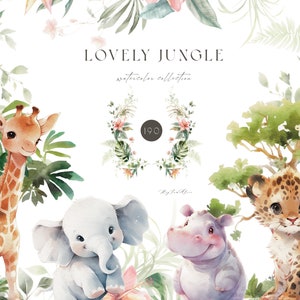 Dschungel Aquarell Tier Clipart, Dschungel Kinderzimmer, Dschungel Babyparty, Safari Tier Grafik PNG, Baby Elefant, Baby Löwe, Sublimationsdruck PNG