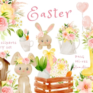 Osterhase Clipart, Aquarell Ostern Clipart, kostenlose kommerzielle Nutzung, Hase Frühling, Hase Frühling PNG, Osterei Aquarell, Frühlingsblumen