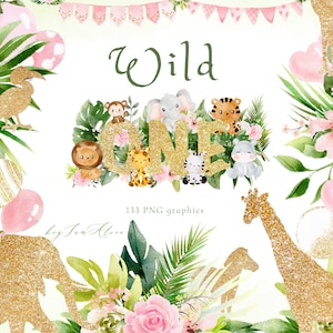 Rose Jungle aquarelle animal clipart, Wild One PNG, jungle pépinière, jungle baby shower, safari animal graphique PNG, bébé éléphant, bébé lion