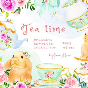 Tea time watercolor clipart, FREE COMMERCIAL use, tea party clipart, watercolor flower clipart, tea pot png, bunny png clipart, tea nursery