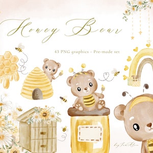 Biene und Honig Aquarell Clipart, Honig Bär Grafik PNG, kleines Tier Clipart, Mama zu sein Clipart, Gänseblümchen floral PNG, Honig Kinderzimmer Grafik