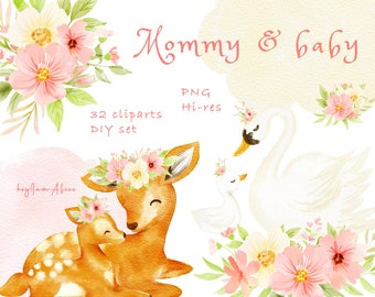 Mother and baby watercolor clipart, mommy and baby animal clipart, FREE COMMERCIAl use, woodland animal PNG, kid clipart, watercolor animal