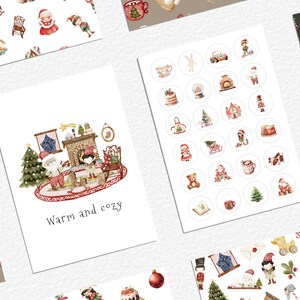 May include: A set of digital printable Christmas papers and stickers featuring illustrations of Santa Claus, elves, a fireplace, a Christmas tree, and other holiday elements. The papers and stickers are perfect for adding a festive touch to your holiday crafts and projects.