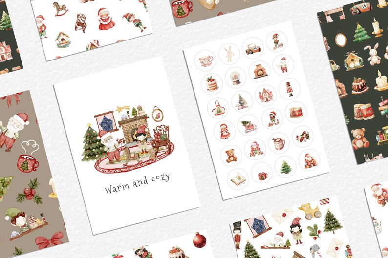 May include: A set of digital printable Christmas papers and stickers featuring illustrations of Santa Claus, elves, a fireplace, a Christmas tree, and other holiday elements. The papers and stickers are perfect for adding a festive touch to your holiday crafts and projects.