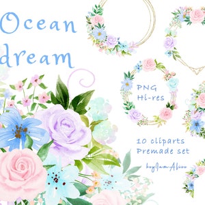 Pink ROSE flower watercolor clipart, blue floral PNG, purple flower graphics, wedding clipart, nursery clipart PNG, blush floral gold frame