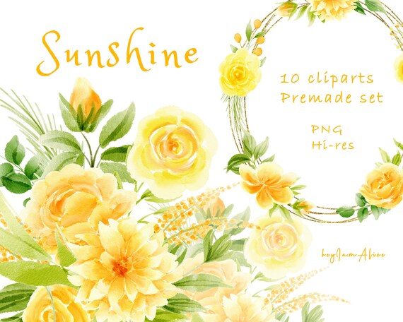 Yellow Watercolor Floral Clipart golden flower PNG FREE | Etsy