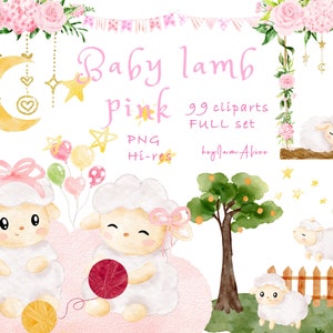Clipart di agnellino, PNG di pecore dell'acquerello, clipart di vivaio, grafica di animali per bambini PNG, pecore adorabili, stampabile per bambini, grafica per baby shower PNG