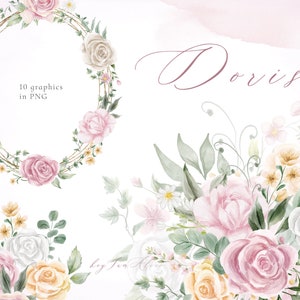 Clipart acquerello fiore rosa viola, PNG floreale rosa tenue, clipart di matrimonio, clipart di vivaio, cornice dorata floreale arrossata, design di sublimazione