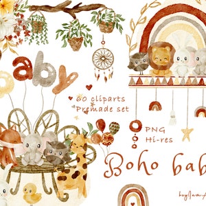 Boho Kinderzimmer Clipart, Aquarell Baby Tier Clipart, Neugeborene Boho Baby, Boho Baby-Dusche PNG, Boho Mond Kind Grafiken, Boho Regenbogen