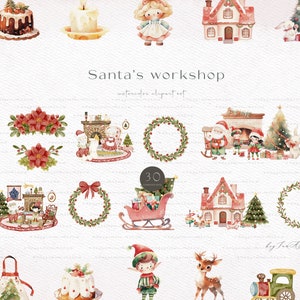 May include: A watercolor clipart set featuring Santa's workshop with 30 illustrations. The set includes images of Santa, elves, reindeer, a Christmas tree, presents, a gingerbread house, a toy train, a cake, a wreath, and more. The illustrations are in a whimsical style and are perfect for adding a touch of Christmas cheer to your projects.