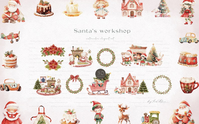 May include: A watercolor clipart set featuring Santa's workshop with 30 illustrations. The set includes images of Santa, elves, reindeer, a Christmas tree, presents, a gingerbread house, a toy train, a cake, a wreath, and more. The illustrations are in a whimsical style and are perfect for adding a touch of Christmas cheer to your projects.