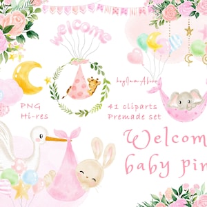 Bem vindo Bebê aquarela clipart, bebê animal, berçário rosa, revelação de gênero, gráficos de chá de bebê, é uma menina, recém-nascido PNG, olá bebê, filhotes