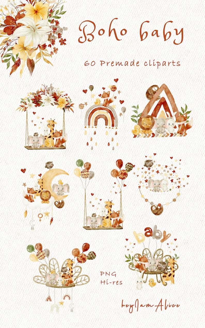 Boho Nursery Clipart, Watercolor Baby Animal Clipart, Newborn Boho Baby ...