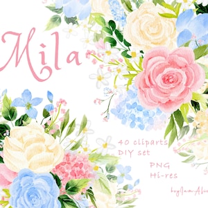 Clipart floreale acquerello rosa blu, uso COMMERCIALE GRATUITO, clipart verde, clipart fiore matrimonio png, clipart fogliame, floreale rosa tenue
