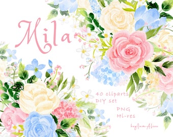 Pink blue Floral watercolor clipart, FREE COMMERCIAL use, greenery clipart, wedding flower clipart png, foliage clipart, soft pink floral