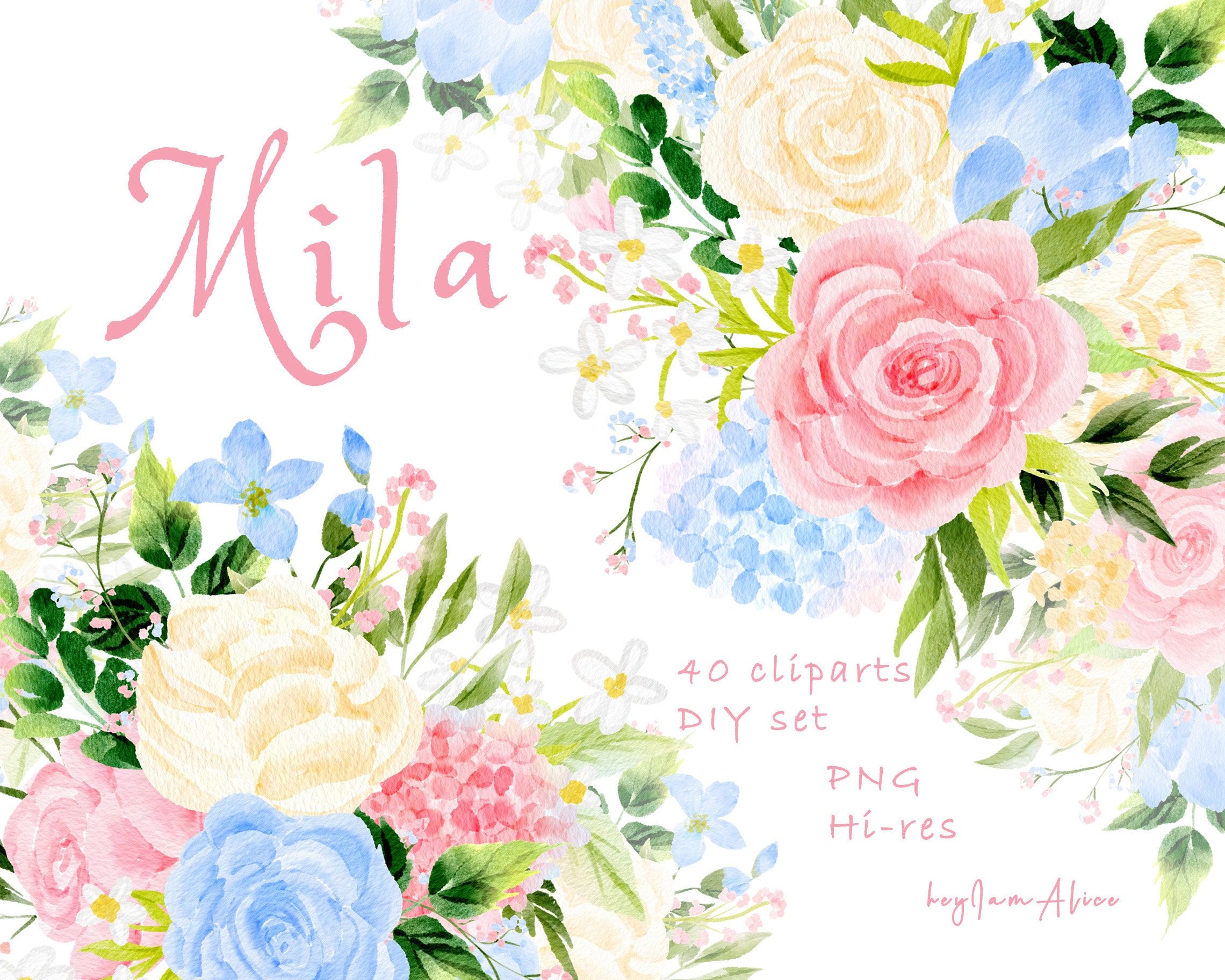 Pink blue Floral watercolor clipart FREE COMMERCIAL use | Etsy