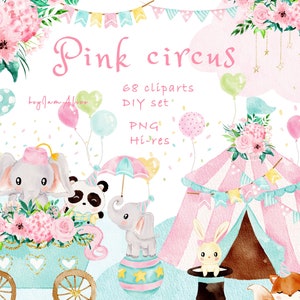 Circus aquarel clipart, roze circus graphics, baby dieren graphics, babyolifant, kinderkamer clipart, baby shower graphics, baby circus PNG