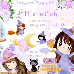 Clipart de sorcière, PNG numérique d'Halloween, sorcière et magicien, clipart d'école magique, graphique aquarelle pour enfant, sorcellerie mignonne, magique fantasmagorique