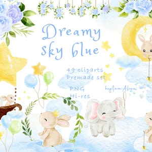 Clipart elefantino, clipart acquerello coniglietto, piccolo animale PNG, arte della scuola materna del bambino, grafica del palloncino con stella luna, PNG neonato blu
