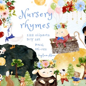 Kinderliedjes aquarel clipart, moeder gans PNG, baby graphics PNG, kinderkamer digitale graphics, verhalenboek clipart, sprookjesachtige kunst