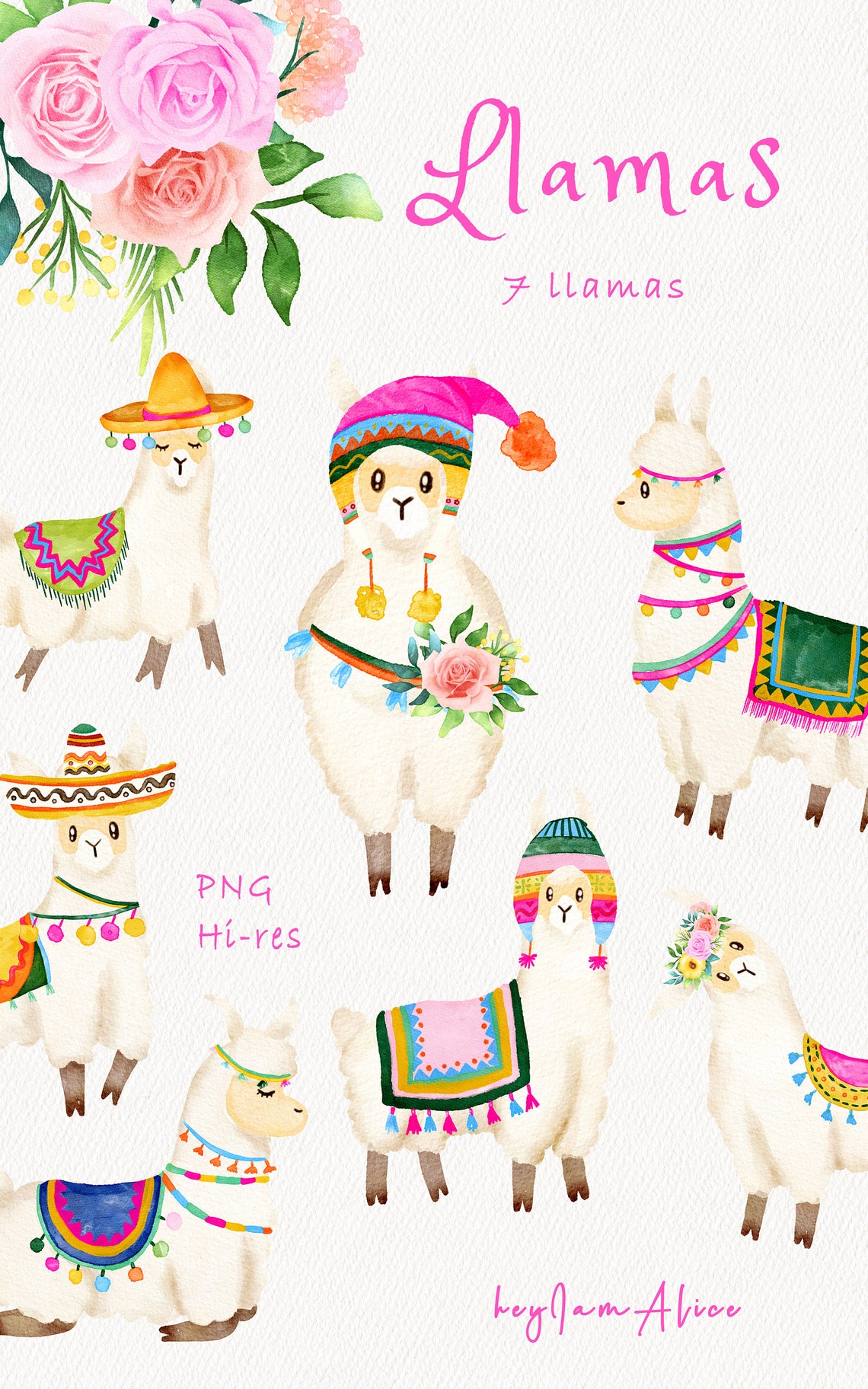 Llama Watercolor Clipart, Alpaca Clipart, FREE COMMERCIAL Use, Cactus ...