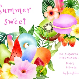 Dessert watercolor clipart, summer drink clipart, FREE COMMERCIAL use, ice scream clipart, tropical fruit clipart, sweet treat clipart, PNG