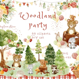 Woodland animal watercolor clipart, forest baby nursery, cute baby animal graphic, nursery art, watercolor bunny clipart, bear PNG, kid art