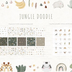 May include: A digital illustration set featuring jungle animals, plants, and patterns. The set includes a lion, giraffe, zebra, toucan, elephant, palm trees, and a variety of other jungle elements. The illustrations are in a watercolor style and are perfect for creating invitations, cards, and other crafts.