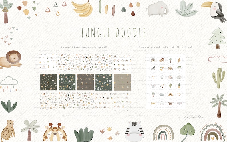 May include: A digital illustration set featuring jungle animals, plants, and patterns. The set includes a lion, giraffe, zebra, toucan, elephant, palm trees, and a variety of other jungle elements. The illustrations are in a watercolor style and are perfect for creating invitations, cards, and other crafts.