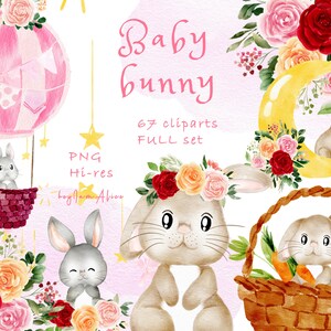 Clipart coniglietto, coniglio rosa acquerello PNG, uso COMMERCIALE GRATUITO, clipart animali del bosco, arte della scuola materna, clipart bambina