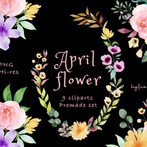APRIL FLOWER clipart acquerello, uso commerciale gratuito, clipart verde, matrimonio fai da te, grafica per uso commerciale, bordo commerciale, png digitale