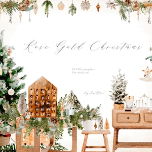 Clipart di Natale, Natale in oro rosa, clipart acquerello buon Natale, clipart di Babbo Natale, PNG festivo, png festivo Noel, albero di Natale