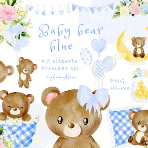 Clipart orsetto bambino, orsacchiotto acquerello blu PNG, uso COMMERCIALE GRATUITO, clipart animali del bosco per bambini, arte della scuola materna, clipart bambina png