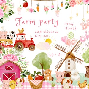 Clipart dell'acquerello degli animali da fattoria, asilo nido per bambini della fattoria, grafica carina della fattoria, arte della scuola materna, cucciolo di animale PNG, clipart di campagna dell'acquerello, maiale, mucca PNG