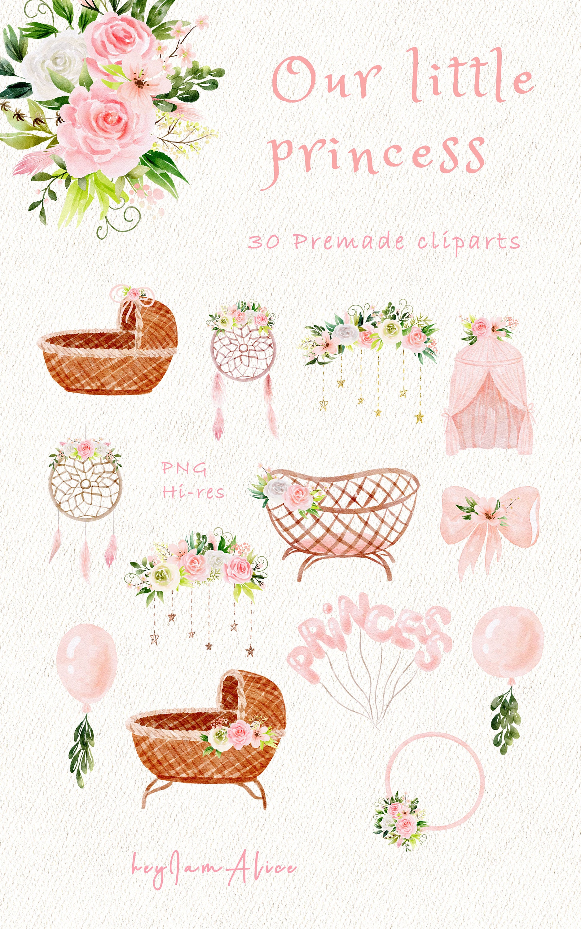 Baby Girl Watercolor Clipart, Little Princess Clipart, Nursery Clipart ...