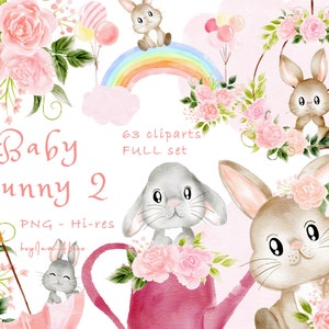 Baby Hase Clipart, rosa Aquarell Kaninchen PNG, Sublimation png, Waldtier Clipart, Kinderzimmer Kunst, Baby Mädchen Clipart png, Osterhase