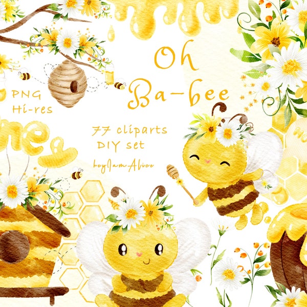 Bee and honey watercolor clipart, little animal clipart, free commercial use, mama to be clipart, daisy floral PNG, honey nursery graphics