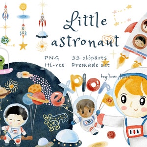 Aquarelle astronaute clipart, espace graphique PNG, chambre de bébé aquarelle, extraterrestre, fusée, vaisseau spatial, décor de bébé garçon, numérique de l’espace extra-atmosphérique