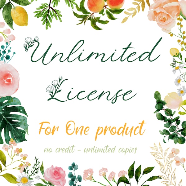Unlimited Commercial License Add-On - NO CREDIT required - License to use ONE clipart set in items for sale - Watercolor clipart license