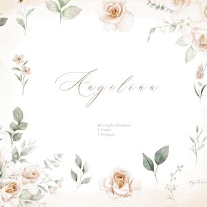 Beige ROSE fleur aquarelle clipart, PNG floral neutre, aquarelle bouquet png, mariage clipart, clipart pépinière, cadre or floral beige
