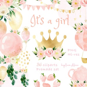 Es una clipart de acuarela de niña, imágenes prediseñadas de revelación de género, imágenes prediseñadas de guardería, uso comercial gratuito, gráficos de baby shower, imágenes prediseñadas de globos, recién nacidos