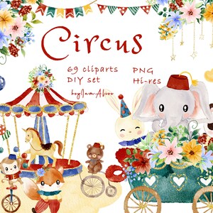Circus aquarel clipart, rode circus graphics, baby dieren graphics, babyolifant, kinderkamer clipart, baby shower graphics, baby circus PNG