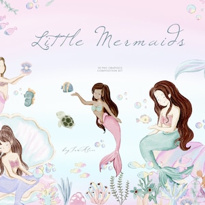 Clipart sirène, petite sirène aquarelle graphique, clipart pépinière, graphiques pour enfant, sous la mer, animal marin PNG, créatures de l'océan, bébé