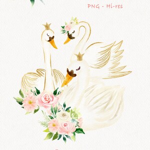 May include: Two white swans with gold crowns and wings, facing each other. They are surrounded by pink and white flowers. The text "Swan" is at the top of the image, and the text "Make your own swan! heyIamAlice" is at the bottom.