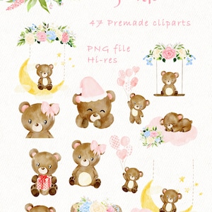 Baby Bear Clipart, Pink Watercolor Teddy Bear PNG, FREE COMMERCIAL Use ...