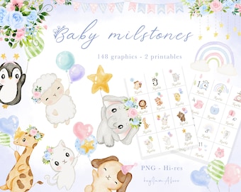 May include: A set of 148 baby milestone graphics featuring cute animal illustrations, including a penguin, sheep, elephant, giraffe, cat, and dog. The graphics are perfect for creating baby milestone cards or other baby-related projects.