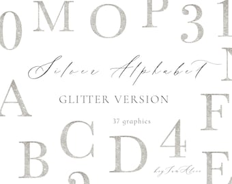 Könnte beinhalten: Silberne Glitzer-Buchstaben auf weißem Hintergrund. Die Buchstaben sind in einer klassischen Schriftart gehalten. Der Text "Silver Alphabet Glitter Version" und "37 graphics" ist ebenfalls im Bild enthalten.