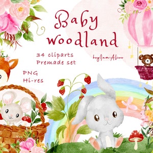 Clipart animali del bosco per bambini, animaletto acquerello, uso commerciale gratuito, amico animale della foresta per bambini, clipart per bambini, PNG per bambini, orsetto coniglietto