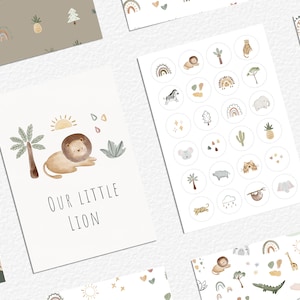 May include: A set of printable nursery decor featuring a lion, jungle animals, and plants. The set includes a card with the text "Our Little Lion", a sheet of stickers with various jungle animals, and several patterned backgrounds.
