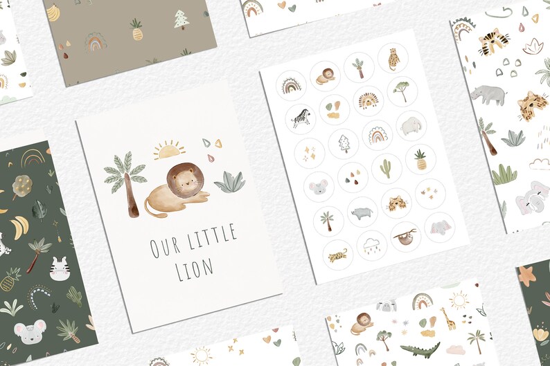 May include: A set of printable nursery decor featuring a lion, jungle animals, and plants. The set includes a card with the text "Our Little Lion", a sheet of stickers with various jungle animals, and several patterned backgrounds.